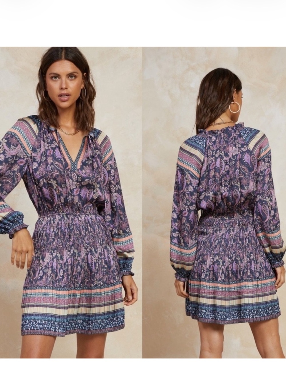 Current Air Purple Paisley Tiered Long-Sleeve Mini Dress Smocked V Neck
